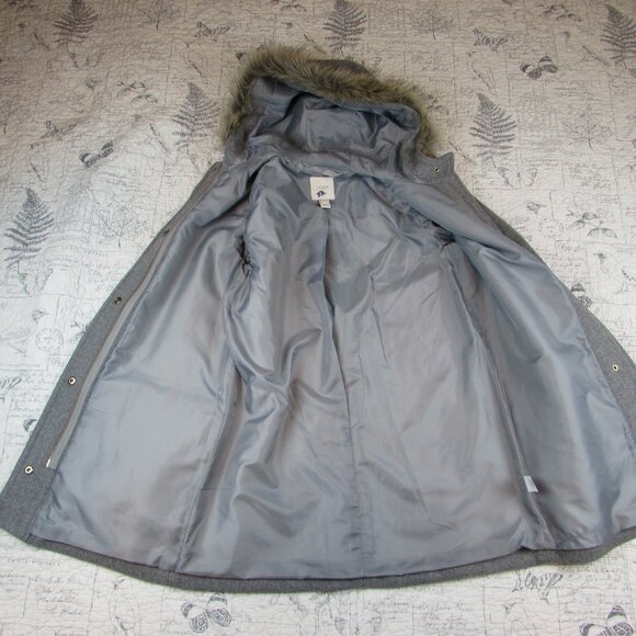 Bloggers fav J. CREW Vail Faux Fur Parka Coat Hood Peacoat Grey Classic Preppy 2 - Picture 9 of 10